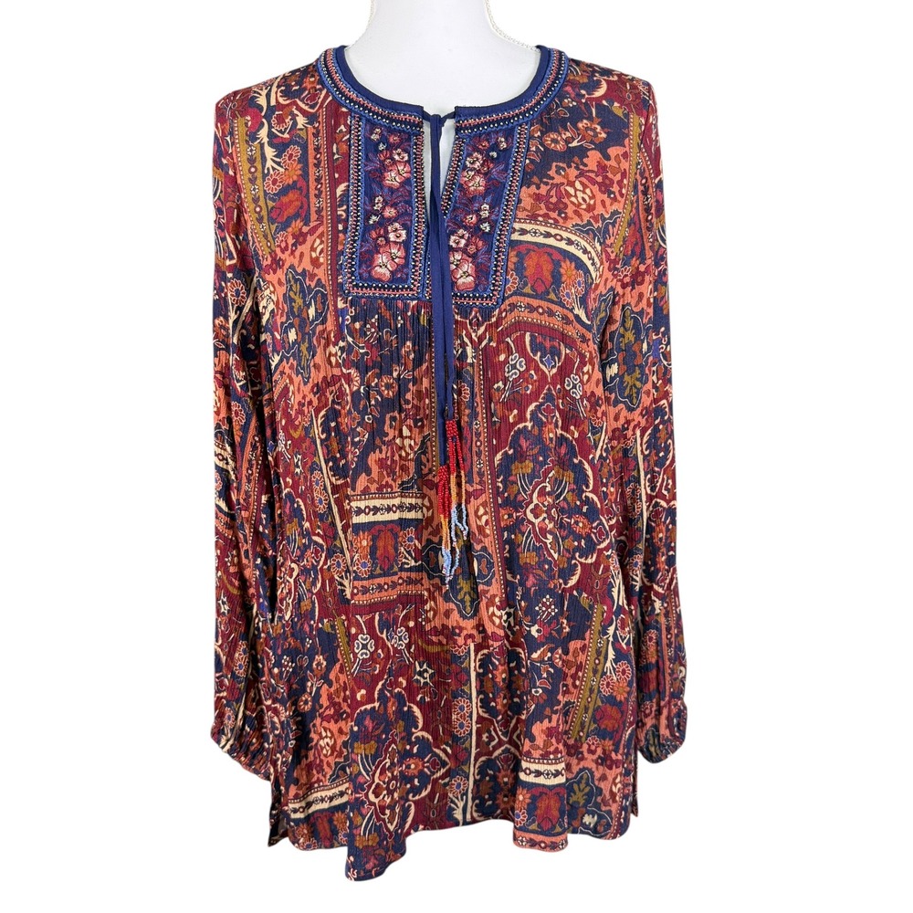 Soft Surroundings Paisley Embroidered Tunic Top Rust Navy Beaded Tassels Small